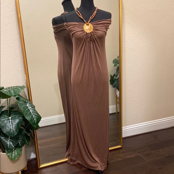 Sky Embellished Ruched Brown Off-Shoulder Halter Gown Size L - Picture 2 of 7